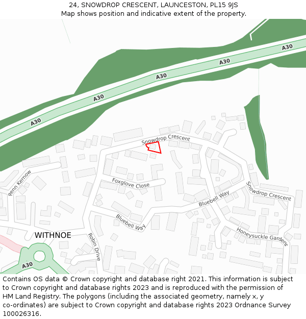 24, SNOWDROP CRESCENT, LAUNCESTON, PL15 9JS: Location map and indicative extent of plot