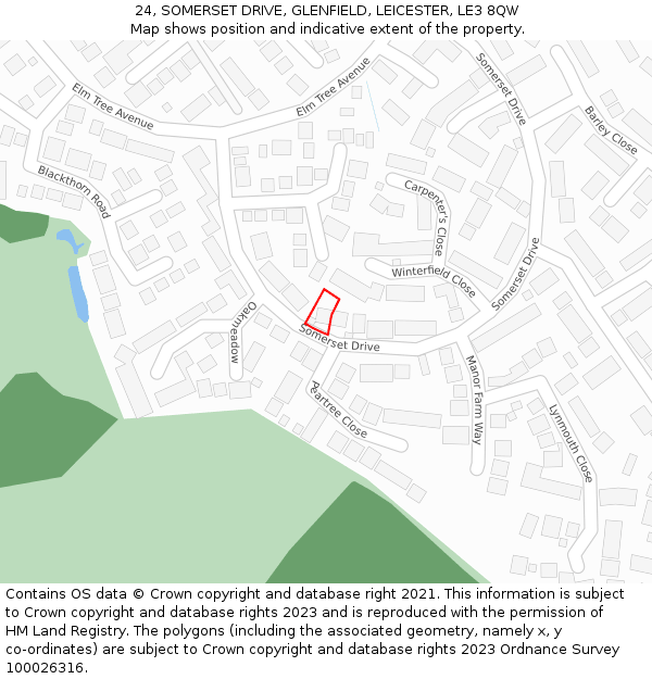 24, SOMERSET DRIVE, GLENFIELD, LEICESTER, LE3 8QW: Location map and indicative extent of plot