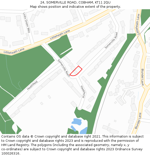 24, SOMERVILLE ROAD, COBHAM, KT11 2QU: Location map and indicative extent of plot