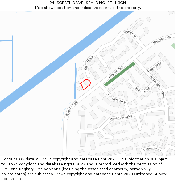 24, SORREL DRIVE, SPALDING, PE11 3GN: Location map and indicative extent of plot