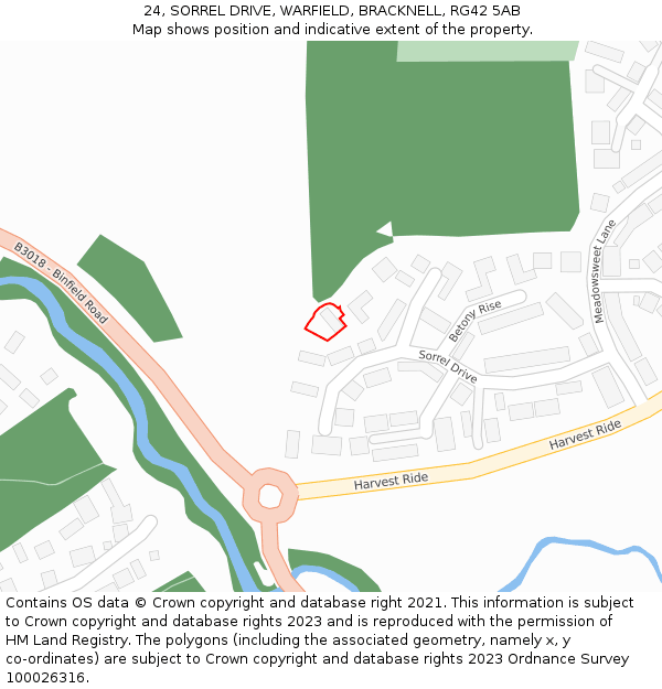24, SORREL DRIVE, WARFIELD, BRACKNELL, RG42 5AB: Location map and indicative extent of plot