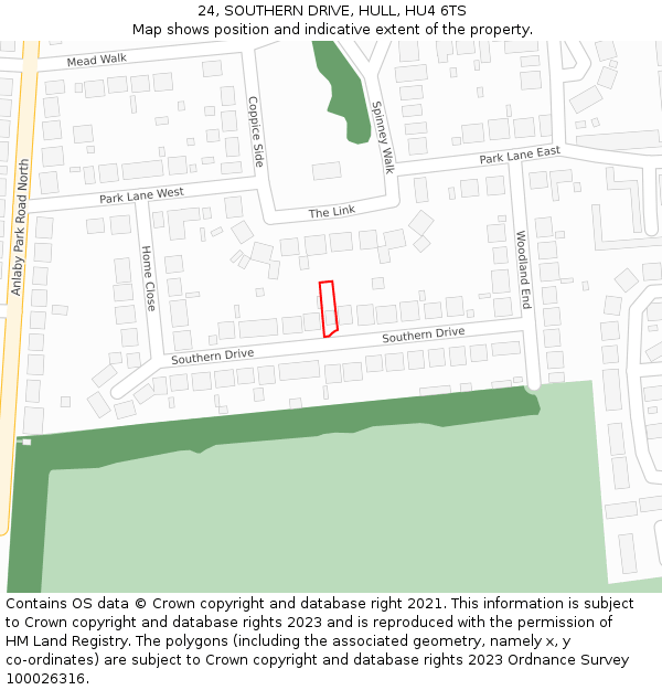 24, SOUTHERN DRIVE, HULL, HU4 6TS: Location map and indicative extent of plot