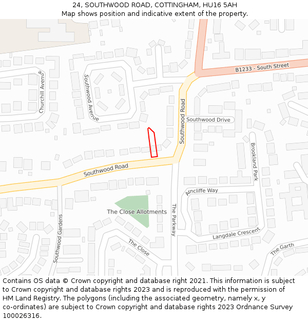 24, SOUTHWOOD ROAD, COTTINGHAM, HU16 5AH: Location map and indicative extent of plot