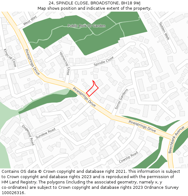 24, SPINDLE CLOSE, BROADSTONE, BH18 9WJ: Location map and indicative extent of plot