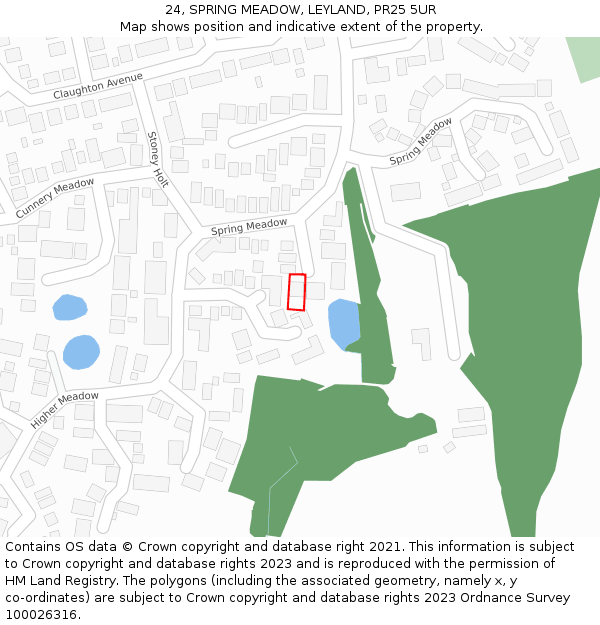 24, SPRING MEADOW, LEYLAND, PR25 5UR: Location map and indicative extent of plot