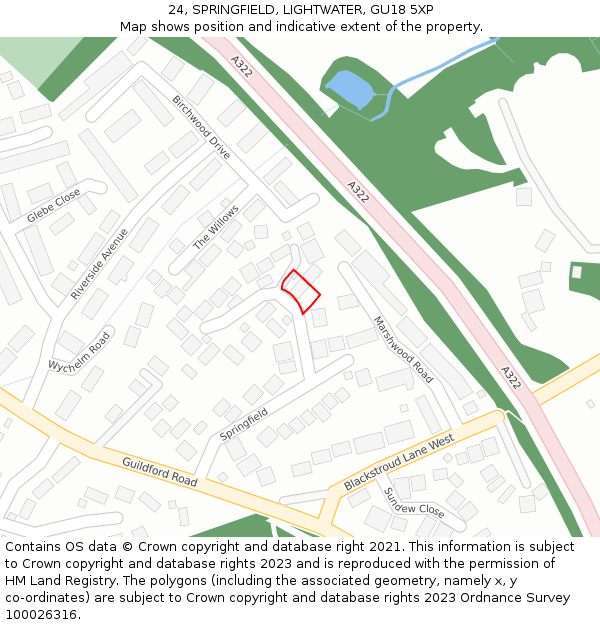 24, SPRINGFIELD, LIGHTWATER, GU18 5XP: Location map and indicative extent of plot