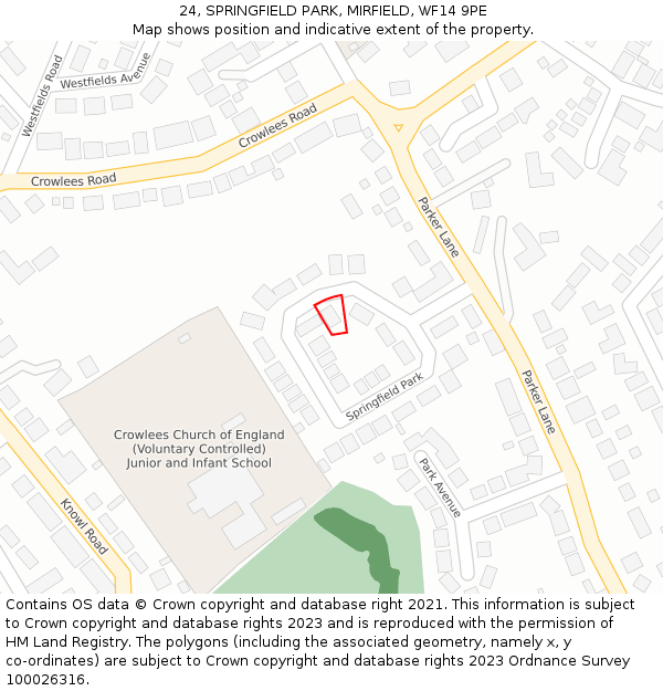 24, SPRINGFIELD PARK, MIRFIELD, WF14 9PE: Location map and indicative extent of plot