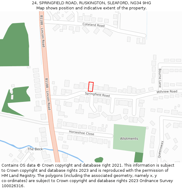 24, SPRINGFIELD ROAD, RUSKINGTON, SLEAFORD, NG34 9HG: Location map and indicative extent of plot