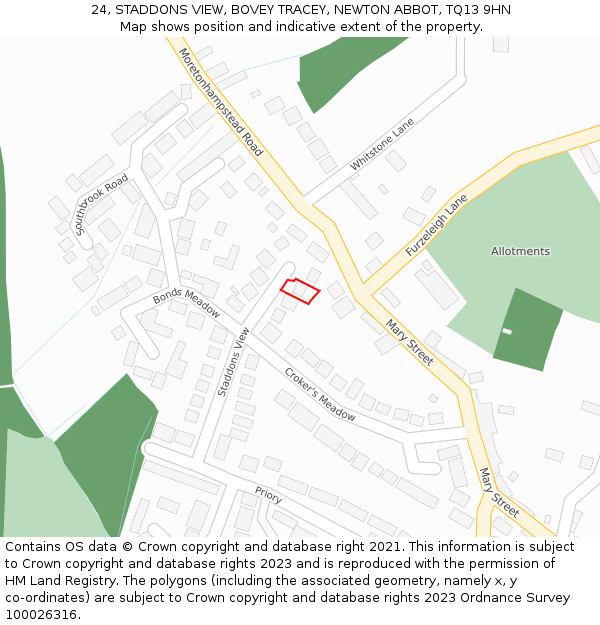 24, STADDONS VIEW, BOVEY TRACEY, NEWTON ABBOT, TQ13 9HN: Location map and indicative extent of plot