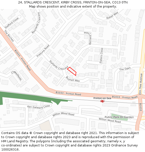 24, STALLARDS CRESCENT, KIRBY CROSS, FRINTON-ON-SEA, CO13 0TN: Location map and indicative extent of plot