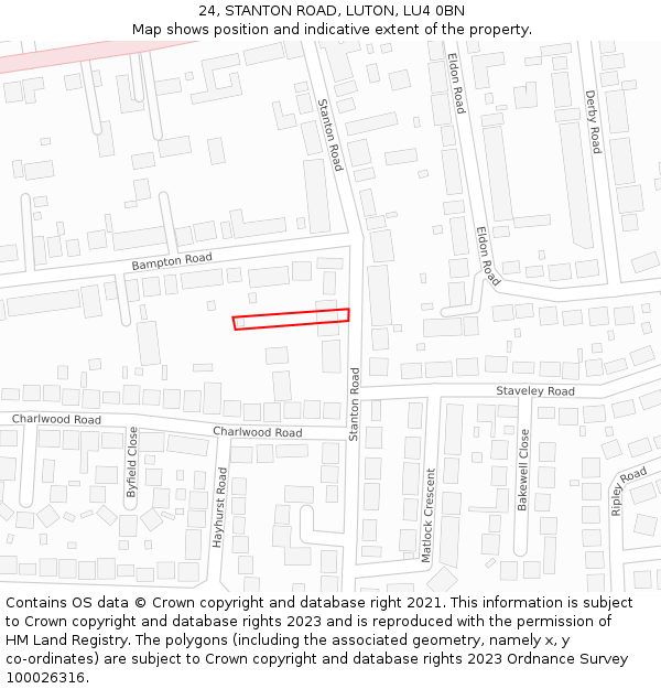 24, STANTON ROAD, LUTON, LU4 0BN: Location map and indicative extent of plot