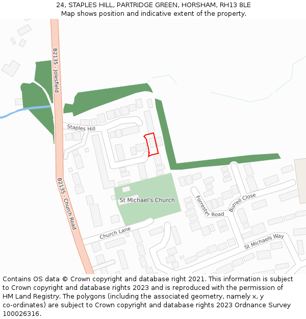 24, STAPLES HILL, PARTRIDGE GREEN, HORSHAM, RH13 8LE: Location map and indicative extent of plot