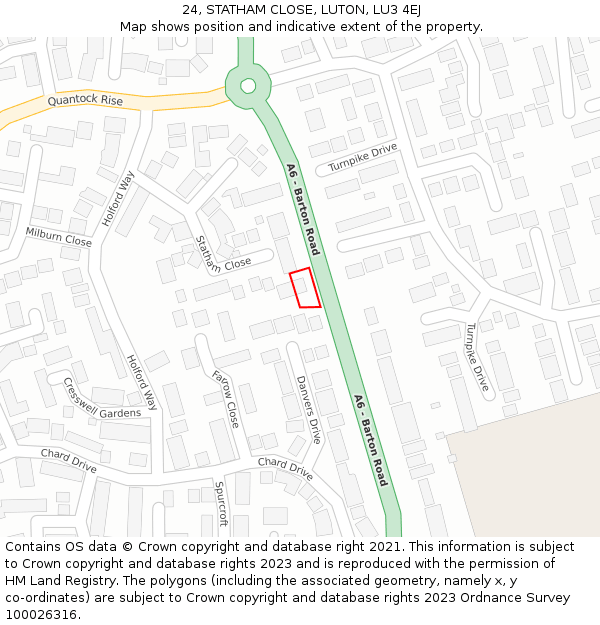 24, STATHAM CLOSE, LUTON, LU3 4EJ: Location map and indicative extent of plot