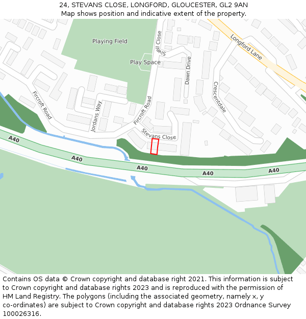 24, STEVANS CLOSE, LONGFORD, GLOUCESTER, GL2 9AN: Location map and indicative extent of plot
