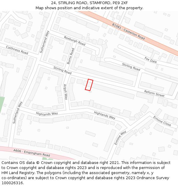 24, STIRLING ROAD, STAMFORD, PE9 2XF: Location map and indicative extent of plot