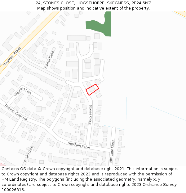 24, STONES CLOSE, HOGSTHORPE, SKEGNESS, PE24 5NZ: Location map and indicative extent of plot