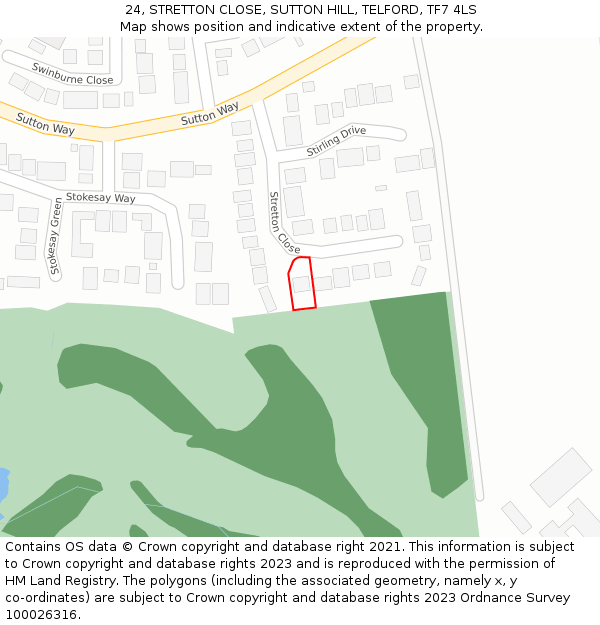 24, STRETTON CLOSE, SUTTON HILL, TELFORD, TF7 4LS: Location map and indicative extent of plot