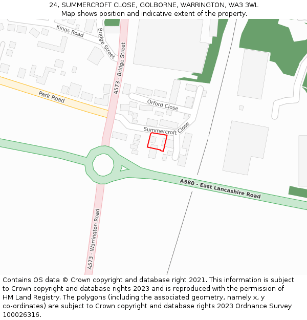 24, SUMMERCROFT CLOSE, GOLBORNE, WARRINGTON, WA3 3WL: Location map and indicative extent of plot