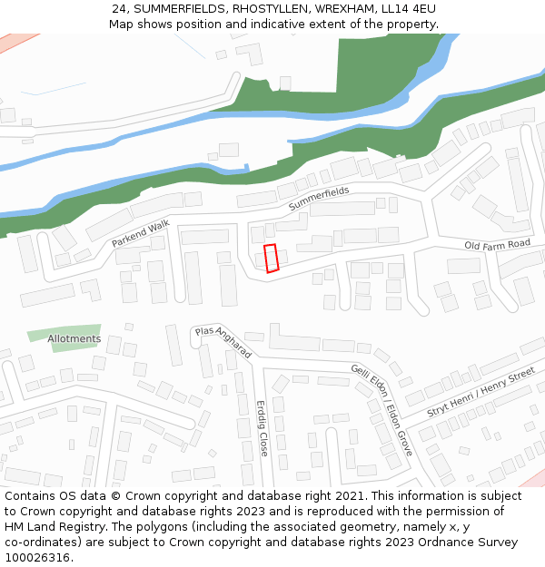 24, SUMMERFIELDS, RHOSTYLLEN, WREXHAM, LL14 4EU: Location map and indicative extent of plot