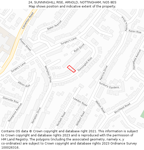 24, SUNNINGHILL RISE, ARNOLD, NOTTINGHAM, NG5 8ES: Location map and indicative extent of plot