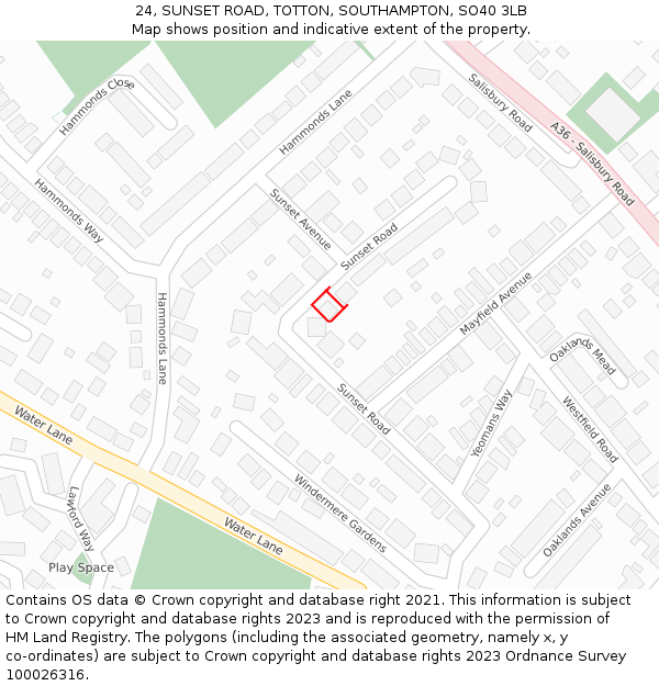 24, SUNSET ROAD, TOTTON, SOUTHAMPTON, SO40 3LB: Location map and indicative extent of plot