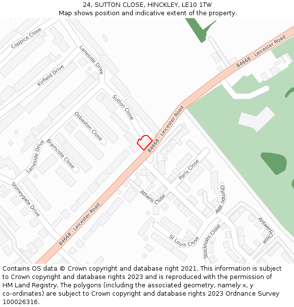 24, SUTTON CLOSE, HINCKLEY, LE10 1TW: Location map and indicative extent of plot