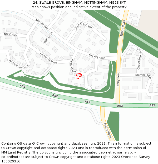 24, SWALE GROVE, BINGHAM, NOTTINGHAM, NG13 8YT: Location map and indicative extent of plot