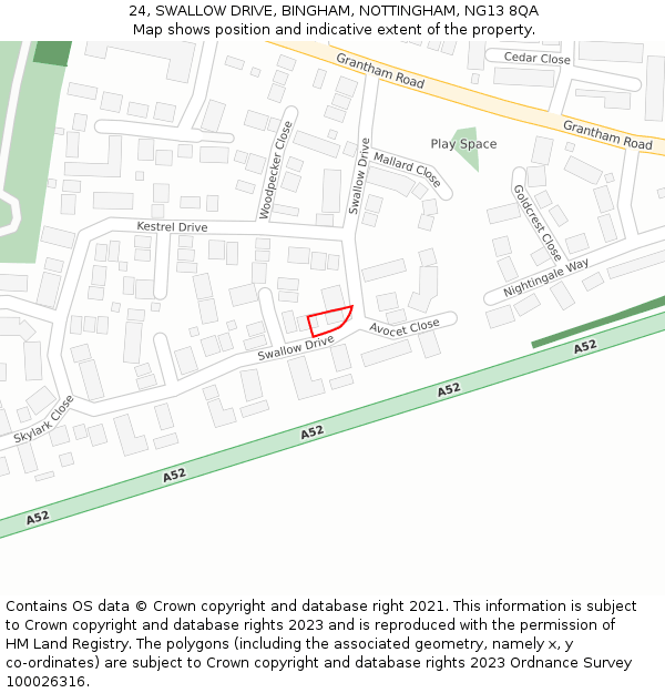 24, SWALLOW DRIVE, BINGHAM, NOTTINGHAM, NG13 8QA: Location map and indicative extent of plot