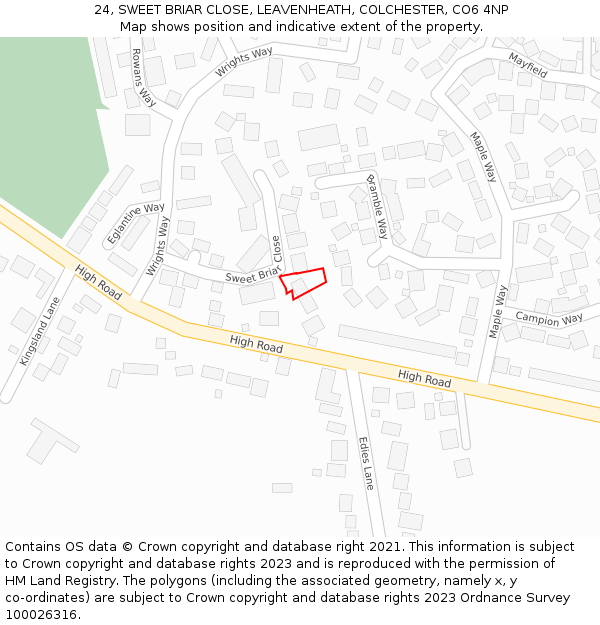 24, SWEET BRIAR CLOSE, LEAVENHEATH, COLCHESTER, CO6 4NP: Location map and indicative extent of plot