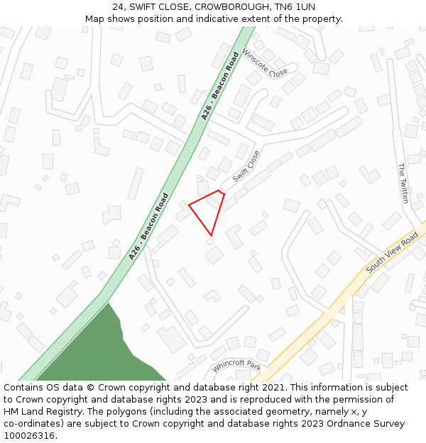 24, SWIFT CLOSE, CROWBOROUGH, TN6 1UN: Location map and indicative extent of plot