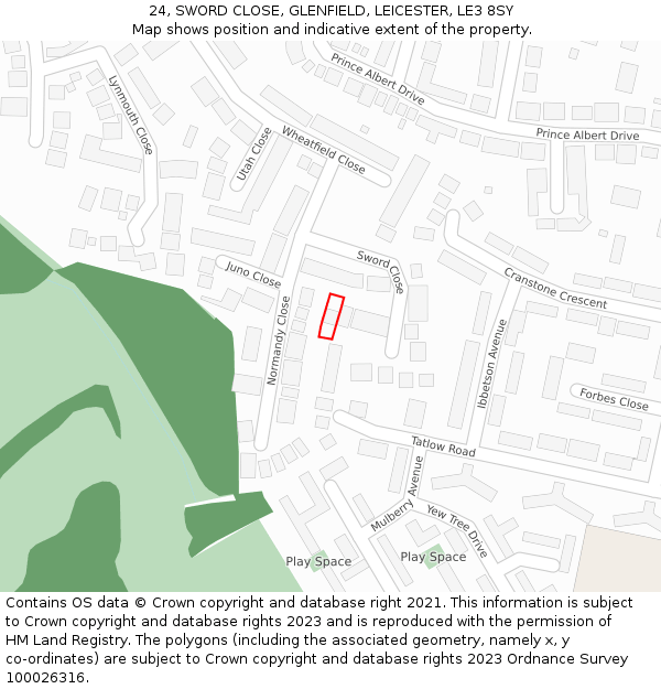 24, SWORD CLOSE, GLENFIELD, LEICESTER, LE3 8SY: Location map and indicative extent of plot