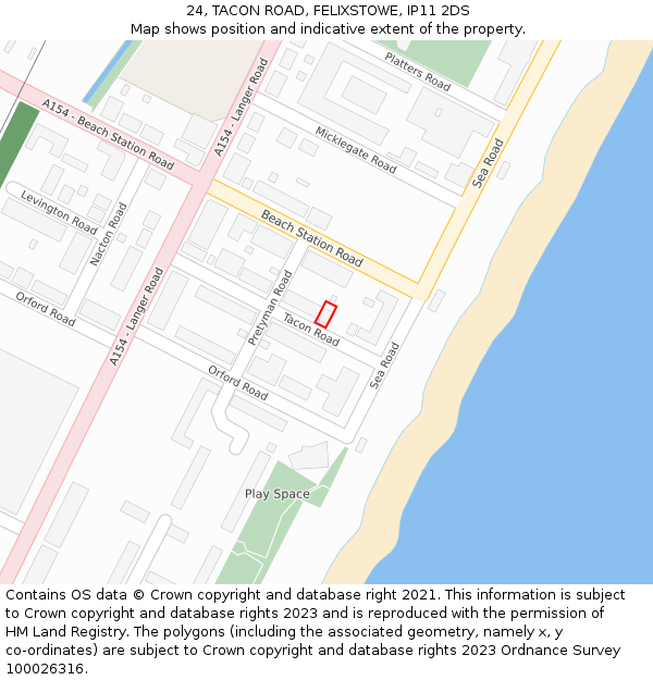 24, TACON ROAD, FELIXSTOWE, IP11 2DS: Location map and indicative extent of plot