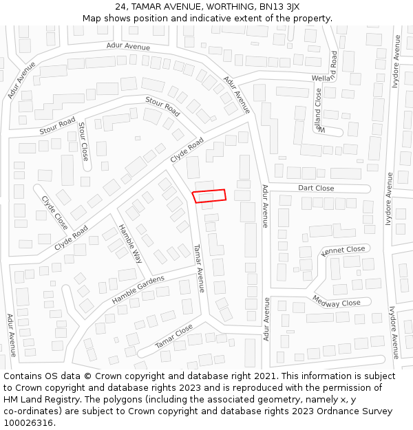24, TAMAR AVENUE, WORTHING, BN13 3JX: Location map and indicative extent of plot