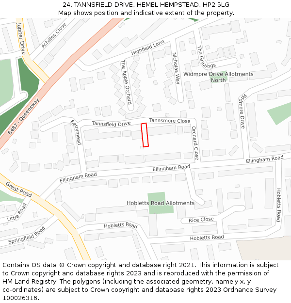 24, TANNSFIELD DRIVE, HEMEL HEMPSTEAD, HP2 5LG: Location map and indicative extent of plot