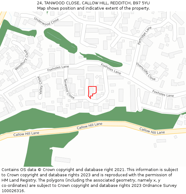 24, TANWOOD CLOSE, CALLOW HILL, REDDITCH, B97 5YU: Location map and indicative extent of plot