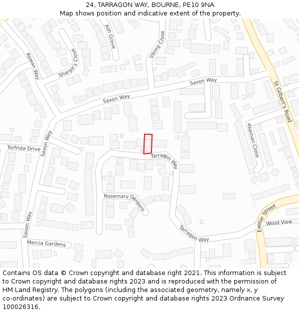 24, TARRAGON WAY, BOURNE, PE10 9NA: Location map and indicative extent of plot