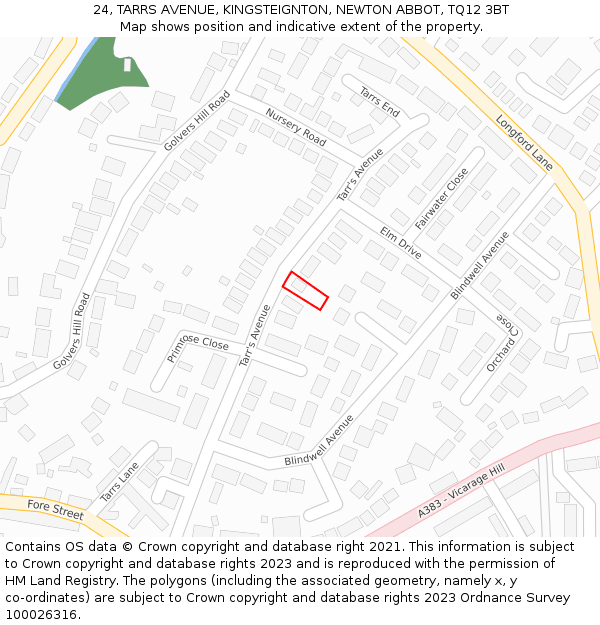 24, TARRS AVENUE, KINGSTEIGNTON, NEWTON ABBOT, TQ12 3BT: Location map and indicative extent of plot