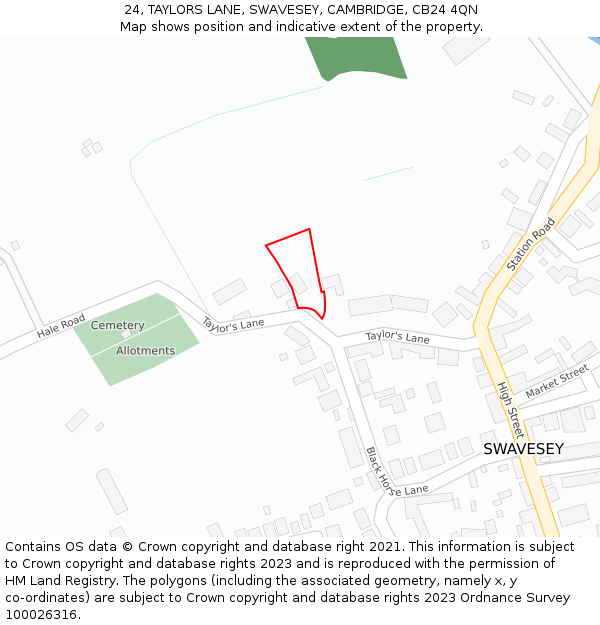 24, TAYLORS LANE, SWAVESEY, CAMBRIDGE, CB24 4QN: Location map and indicative extent of plot