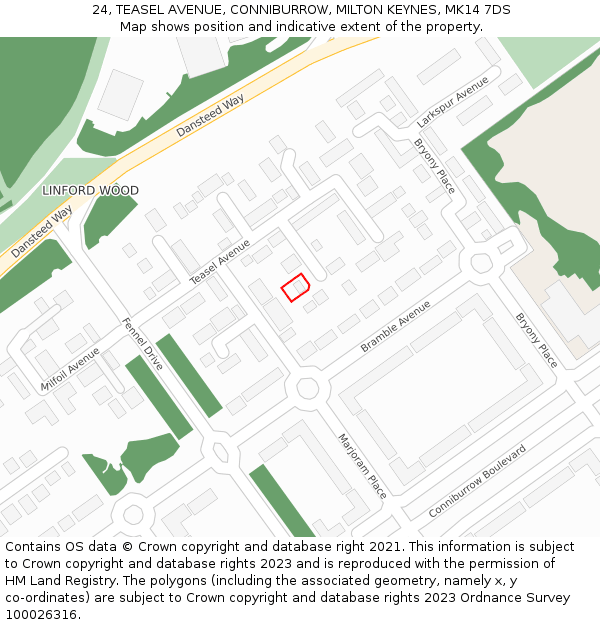 24, TEASEL AVENUE, CONNIBURROW, MILTON KEYNES, MK14 7DS: Location map and indicative extent of plot