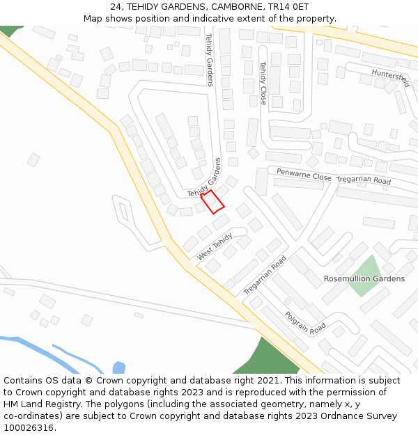 24, TEHIDY GARDENS, CAMBORNE, TR14 0ET: Location map and indicative extent of plot