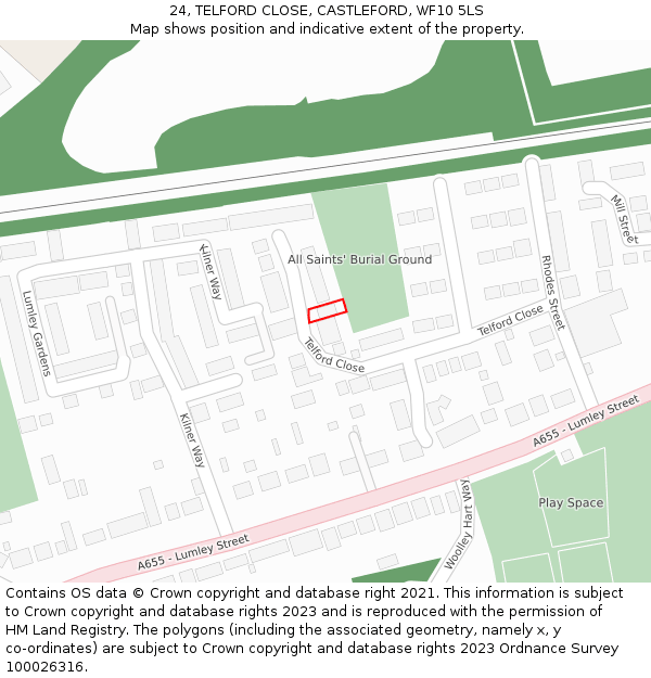 24, TELFORD CLOSE, CASTLEFORD, WF10 5LS: Location map and indicative extent of plot