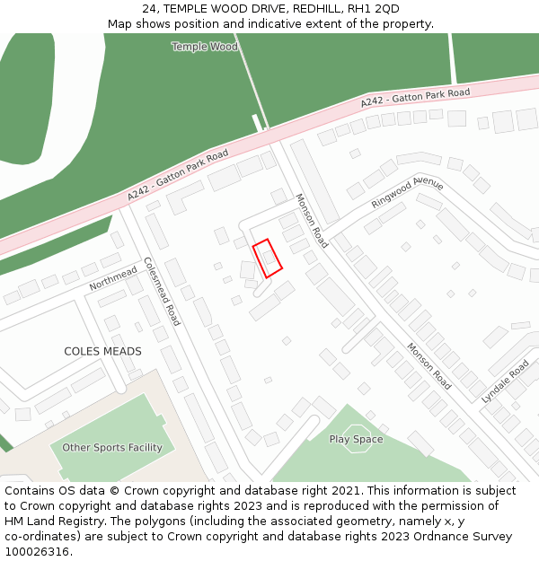 24, TEMPLE WOOD DRIVE, REDHILL, RH1 2QD: Location map and indicative extent of plot