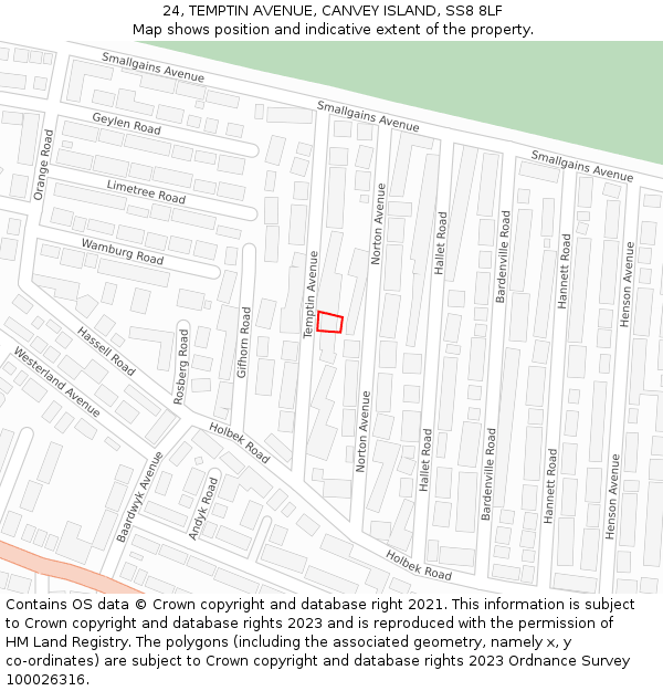 24, TEMPTIN AVENUE, CANVEY ISLAND, SS8 8LF: Location map and indicative extent of plot