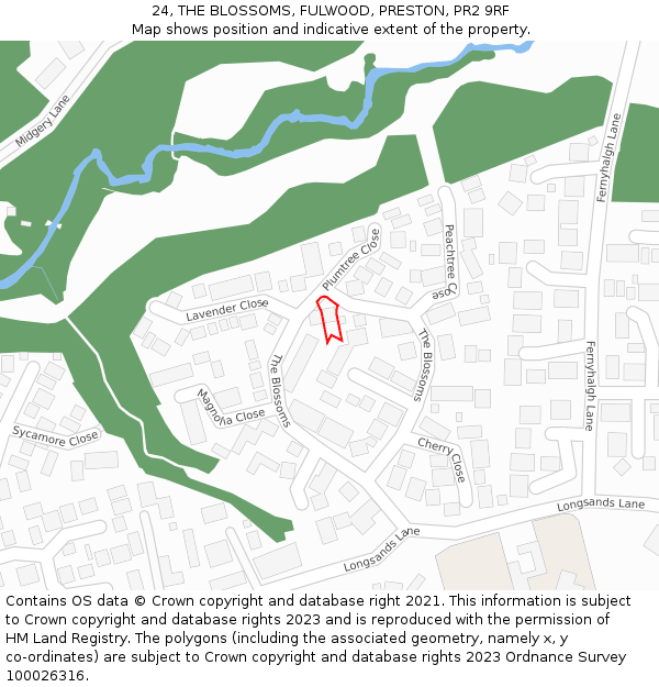 24, THE BLOSSOMS, FULWOOD, PRESTON, PR2 9RF: Location map and indicative extent of plot
