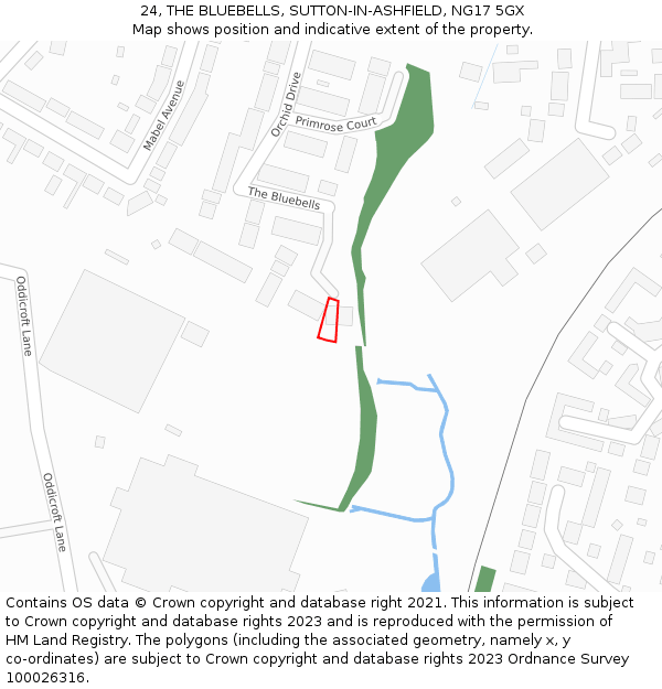 24, THE BLUEBELLS, SUTTON-IN-ASHFIELD, NG17 5GX: Location map and indicative extent of plot