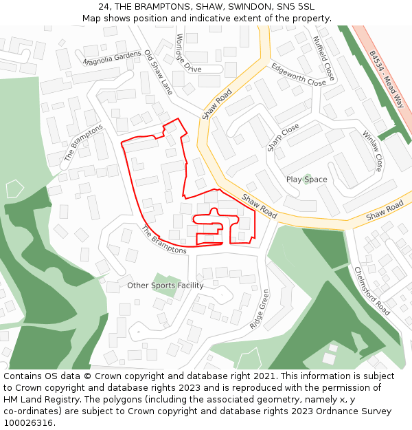 24, THE BRAMPTONS, SHAW, SWINDON, SN5 5SL: Location map and indicative extent of plot