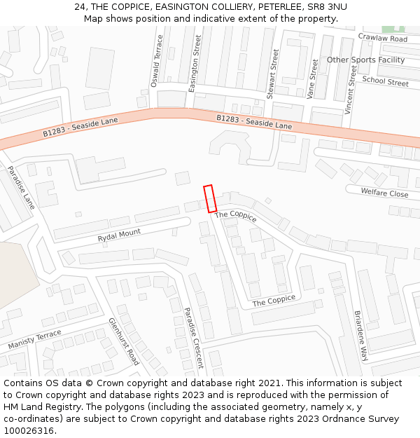 24, THE COPPICE, EASINGTON COLLIERY, PETERLEE, SR8 3NU: Location map and indicative extent of plot