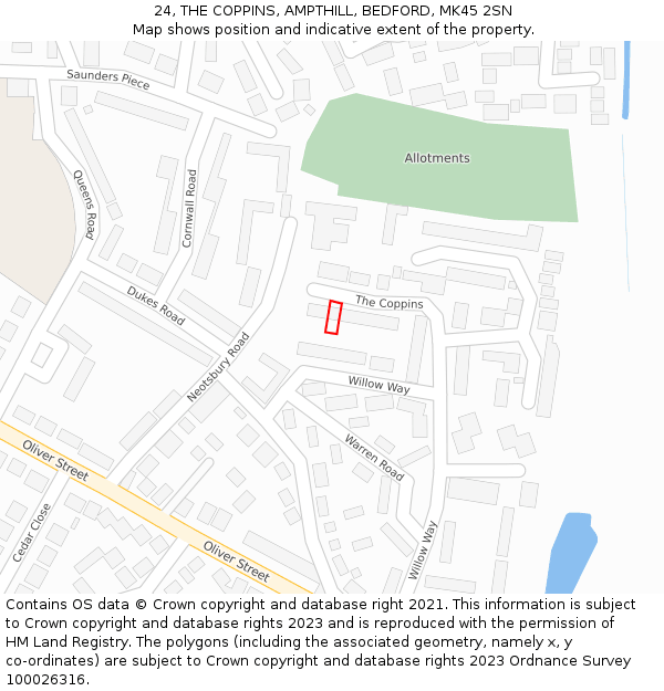 24, THE COPPINS, AMPTHILL, BEDFORD, MK45 2SN: Location map and indicative extent of plot