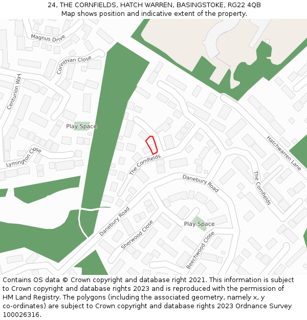 24, THE CORNFIELDS, HATCH WARREN, BASINGSTOKE, RG22 4QB: Location map and indicative extent of plot