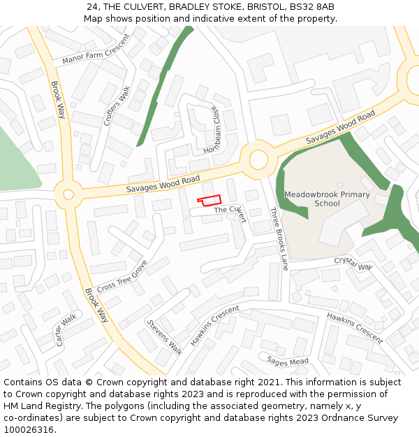 24, THE CULVERT, BRADLEY STOKE, BRISTOL, BS32 8AB: Location map and indicative extent of plot